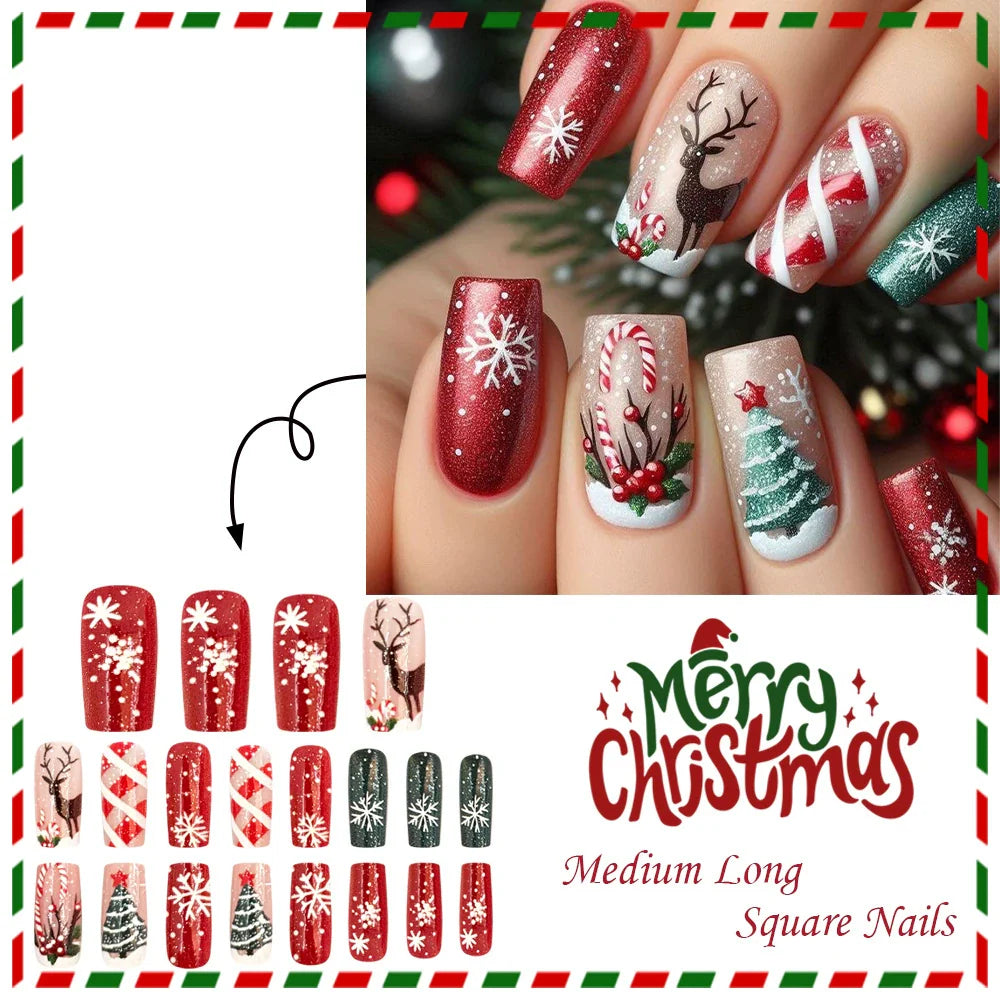 Red & White Christmas Tree Reindeer Nails