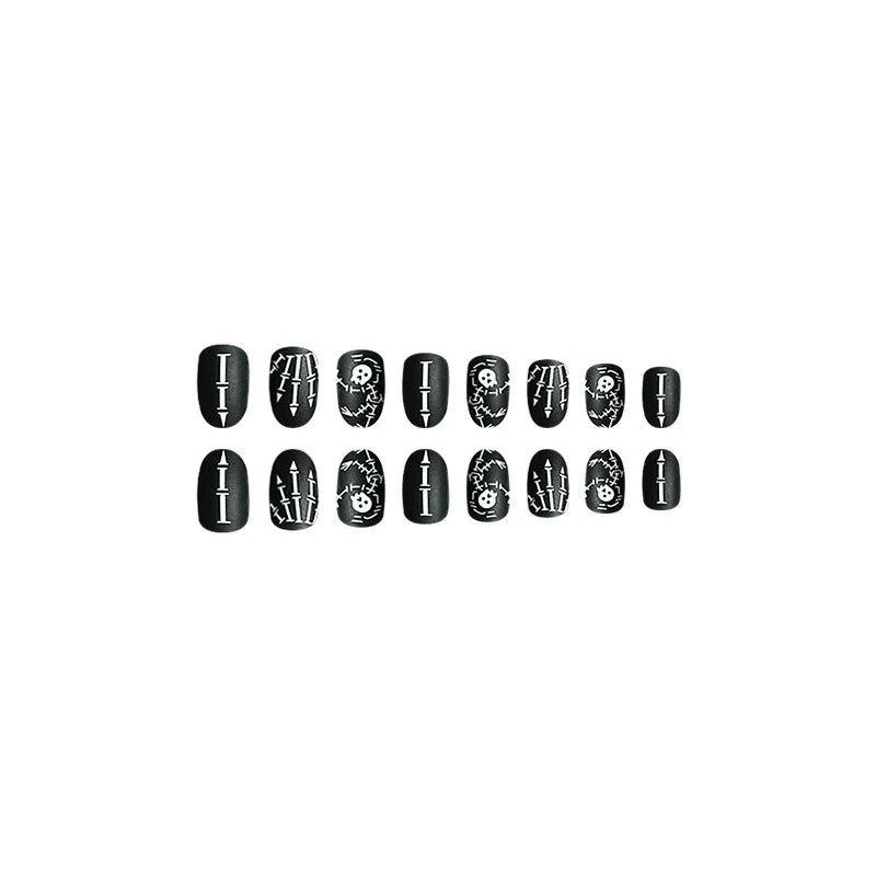 Matte Black Skull Round Halloween Nails