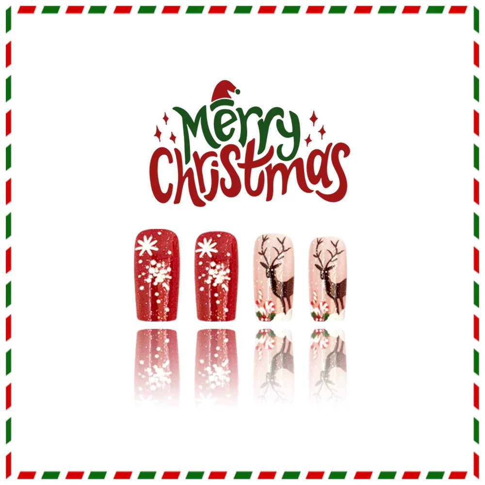 Red & White Christmas Tree Reindeer Nails