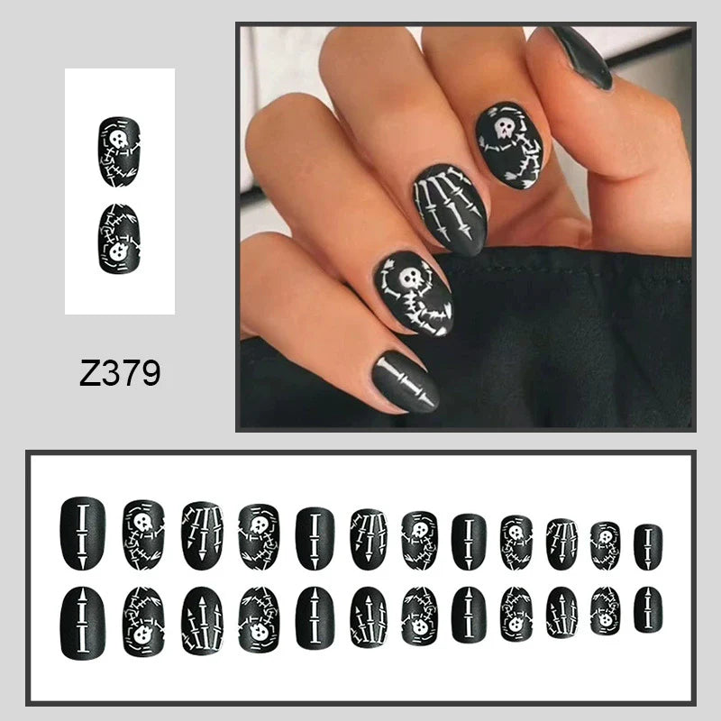 Matte Black Skull Round Halloween Nails