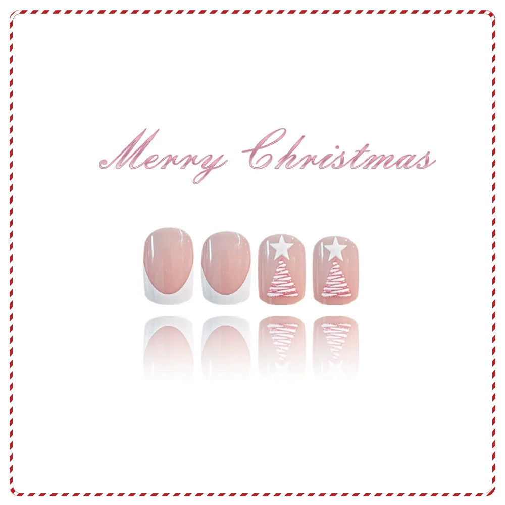 Pastel Pink Christmas Tree Snowflake Nails