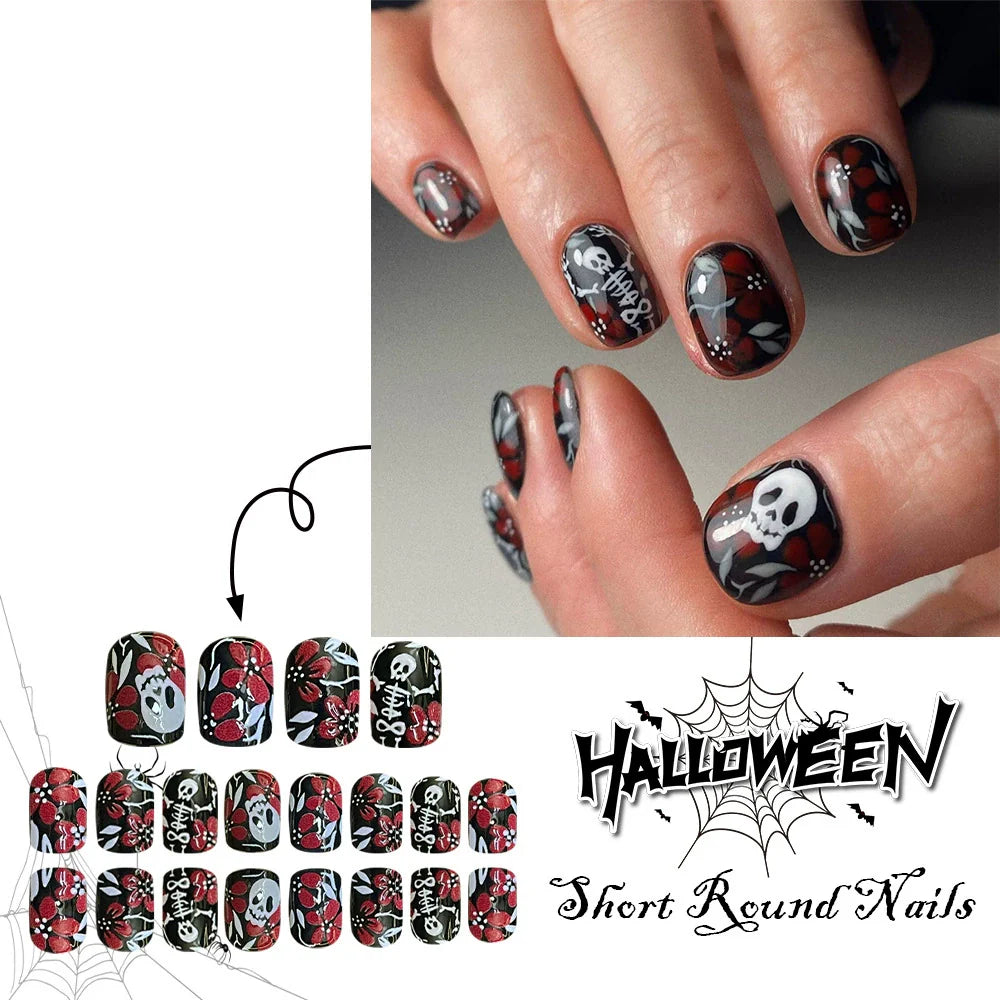 Red & White Skull Floral Halloween Nails