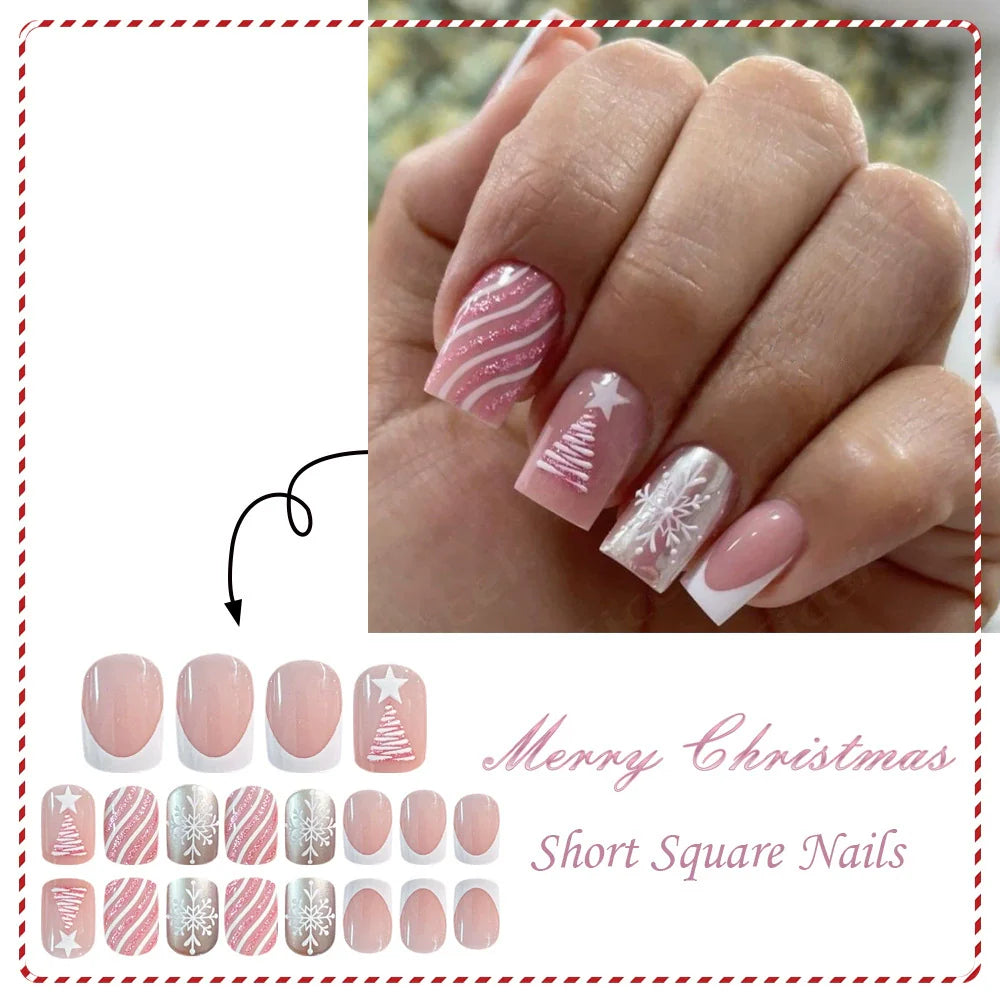Pastel Pink Christmas Tree Snowflake Nails