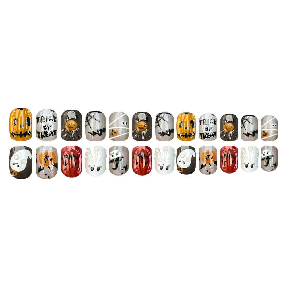 Hand-Painted Pumpkin Ghost Halloween Nails