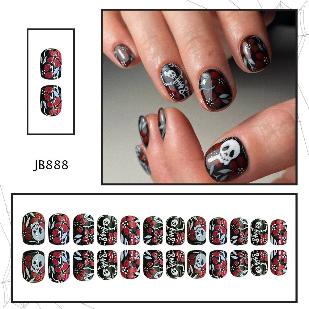 Red & White Skull Floral Halloween Nails