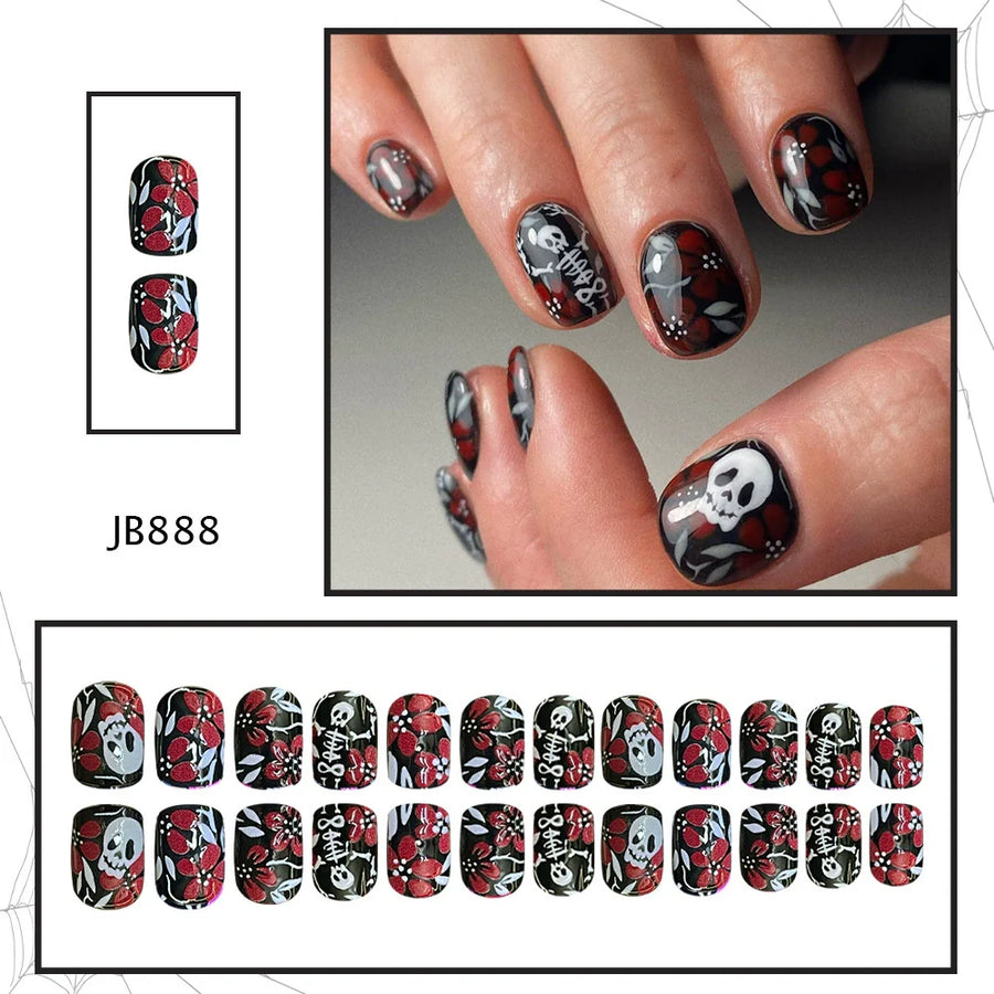 Red & White Skull Floral Halloween Nails - góc chụp 3