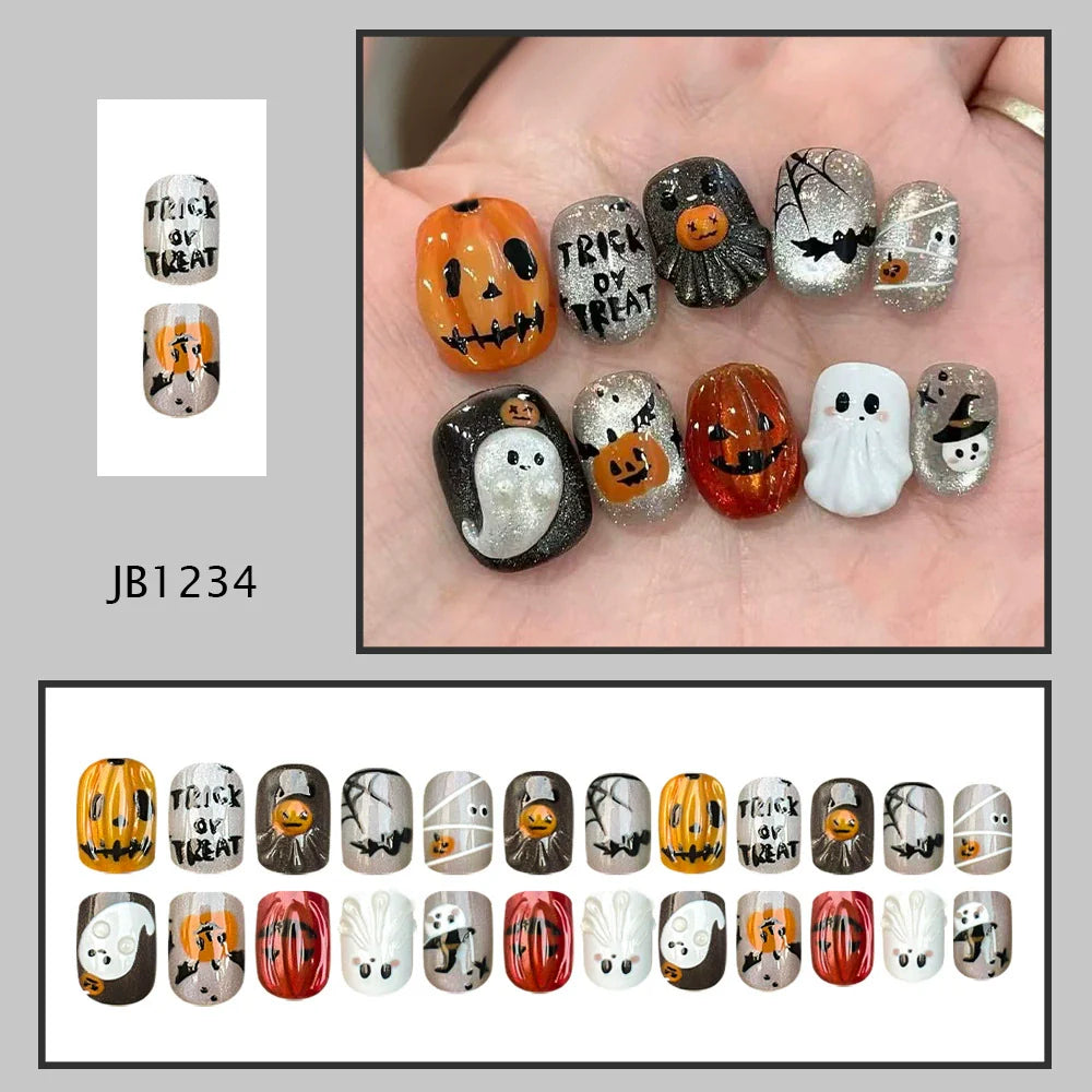 Hand-Painted Pumpkin Ghost Halloween Nails