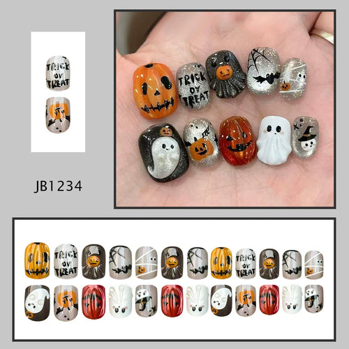 Hand-Painted Pumpkin Ghost Halloween Nails