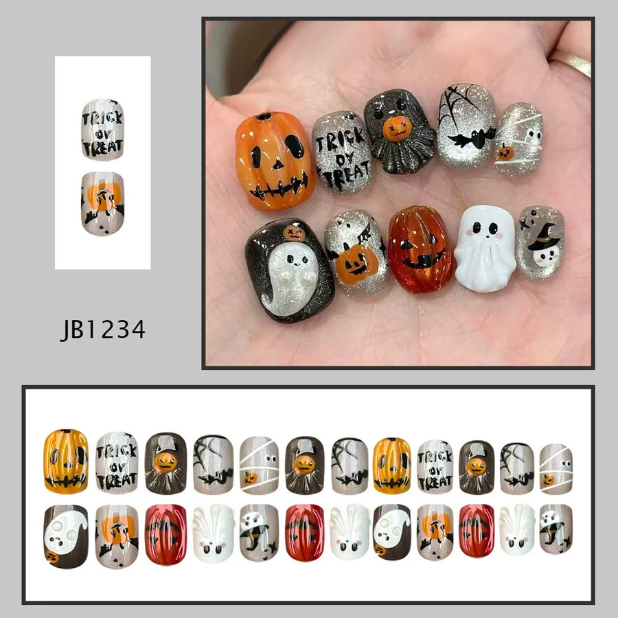 Hand-Painted Pumpkin Ghost Halloween Nails - góc chụp 2