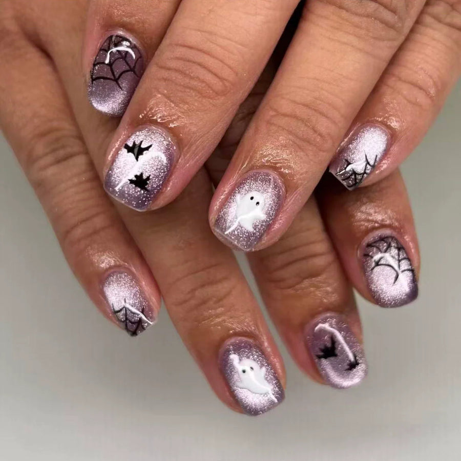 Purple Cat-Eye Bat & Web Halloween Nails - góc chụp 1