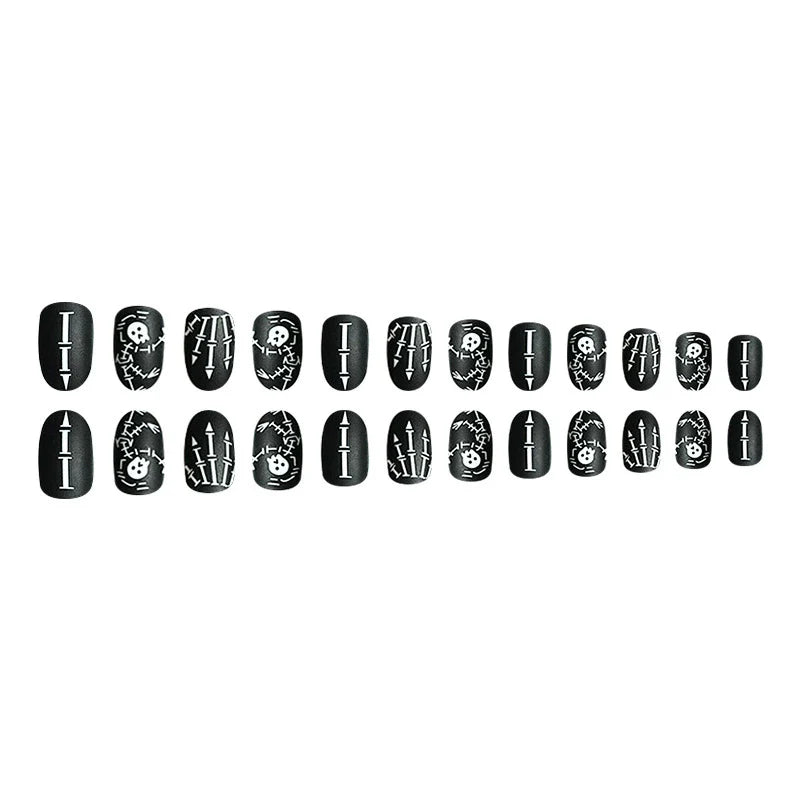 Matte Black Skull Round Halloween Nails