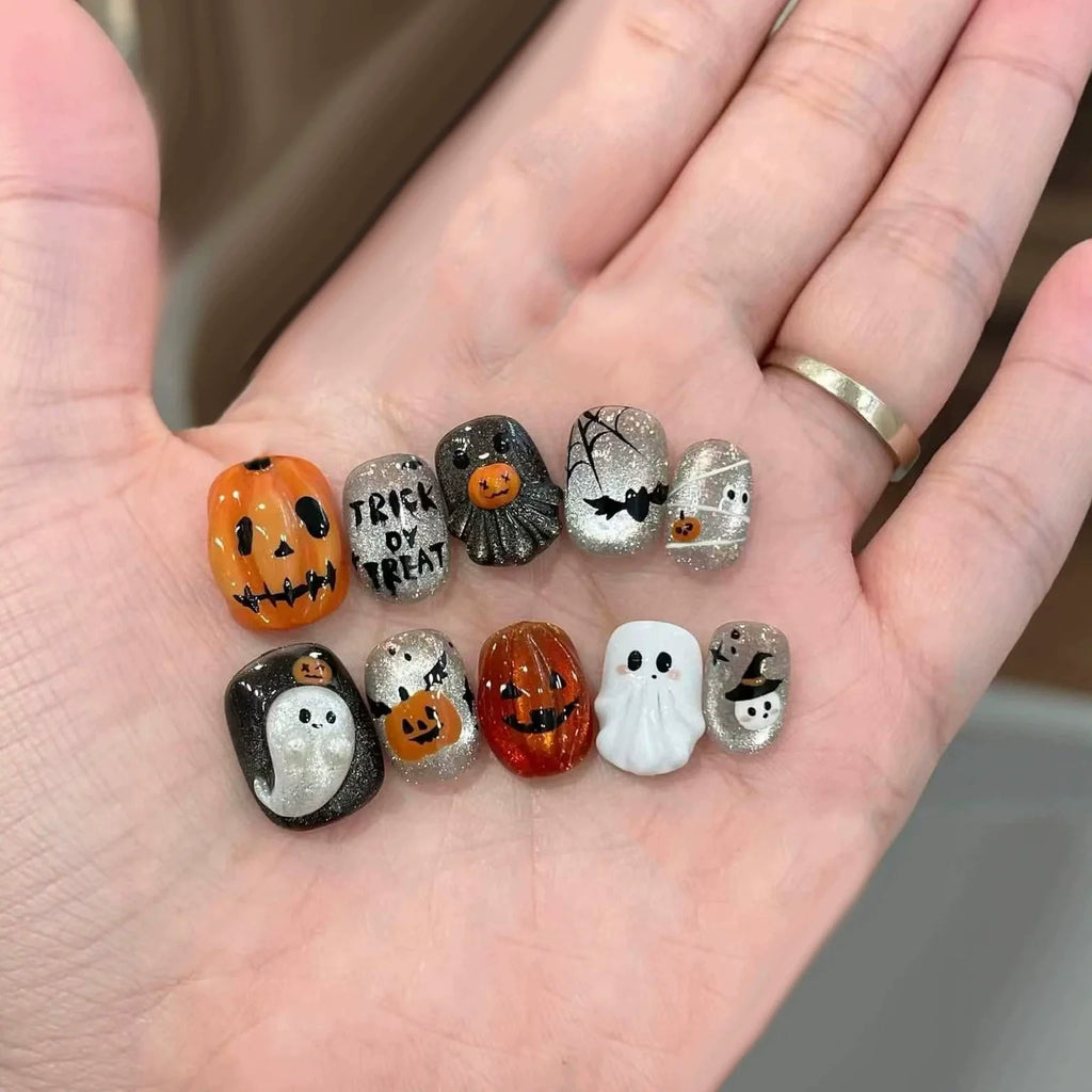 Hand-Painted Pumpkin Ghost Halloween Nails