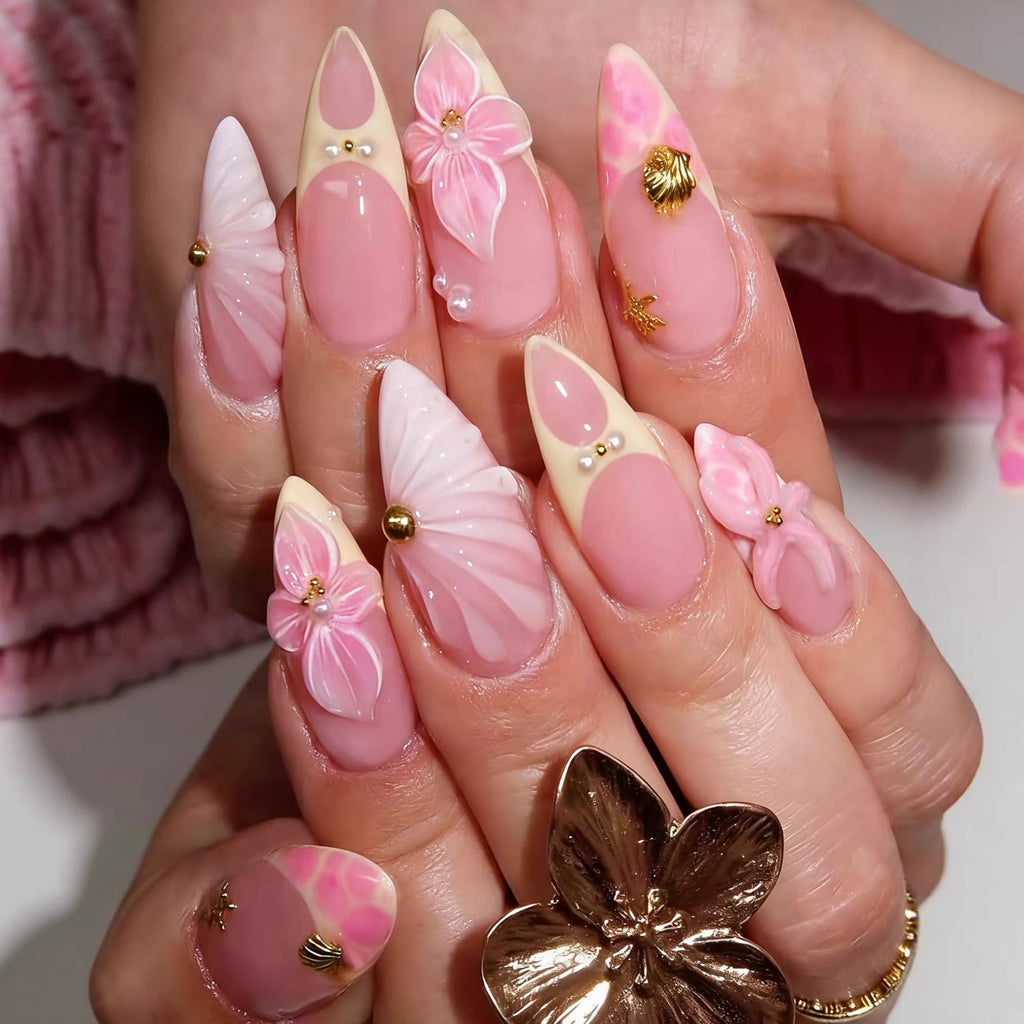 Press-on-nail Long Stiletto Pink French Press On Nails with 3D Butterfly & Pearls | Fairy Coquette Style | Reusable Nail Set 3