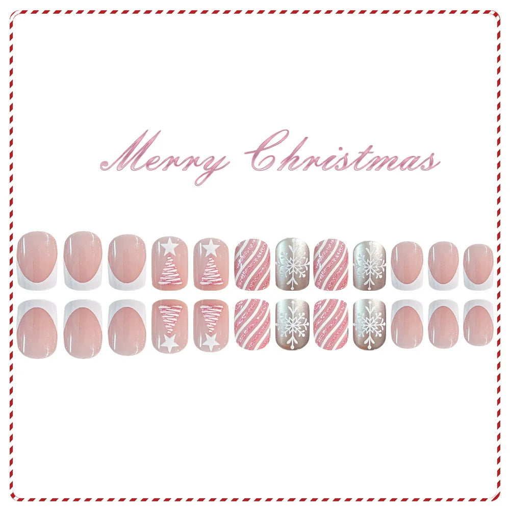 Pastel Pink Christmas Tree Snowflake Nails