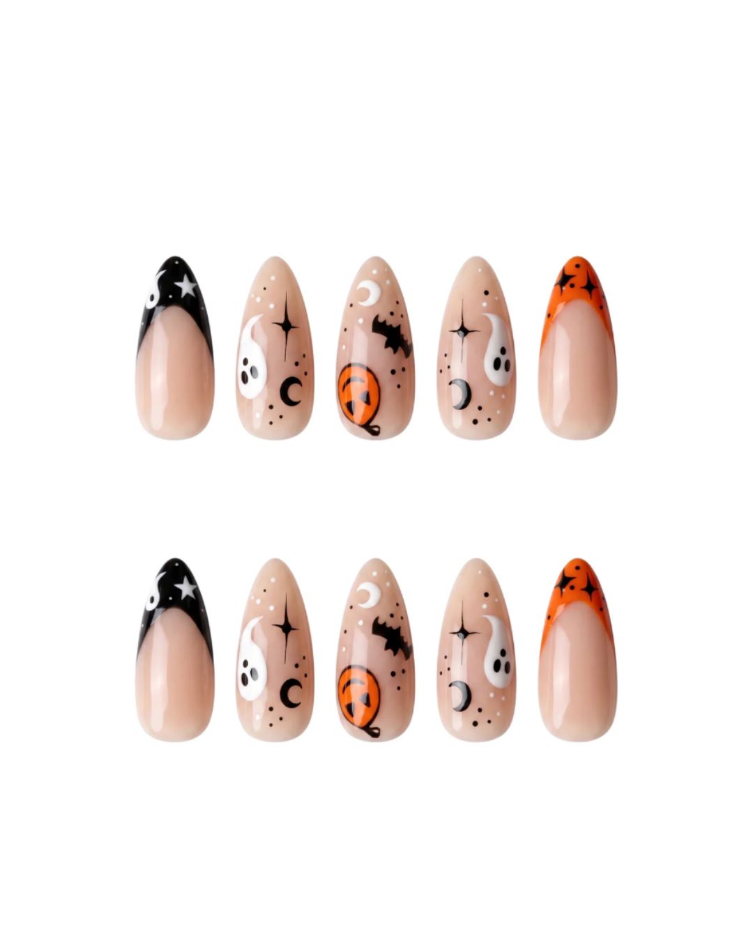 Almond Halloween Press On Nails with Cute Ghost Pumpkin & Bats Art | Spooky French Gothic Style | Reusable Nail Set