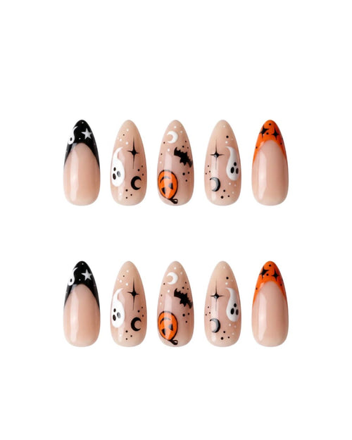 Almond Halloween Press On Nails with Cute Ghost Pumpkin & Bats Art | Spooky French Gothic Style | Reusable Nail Set