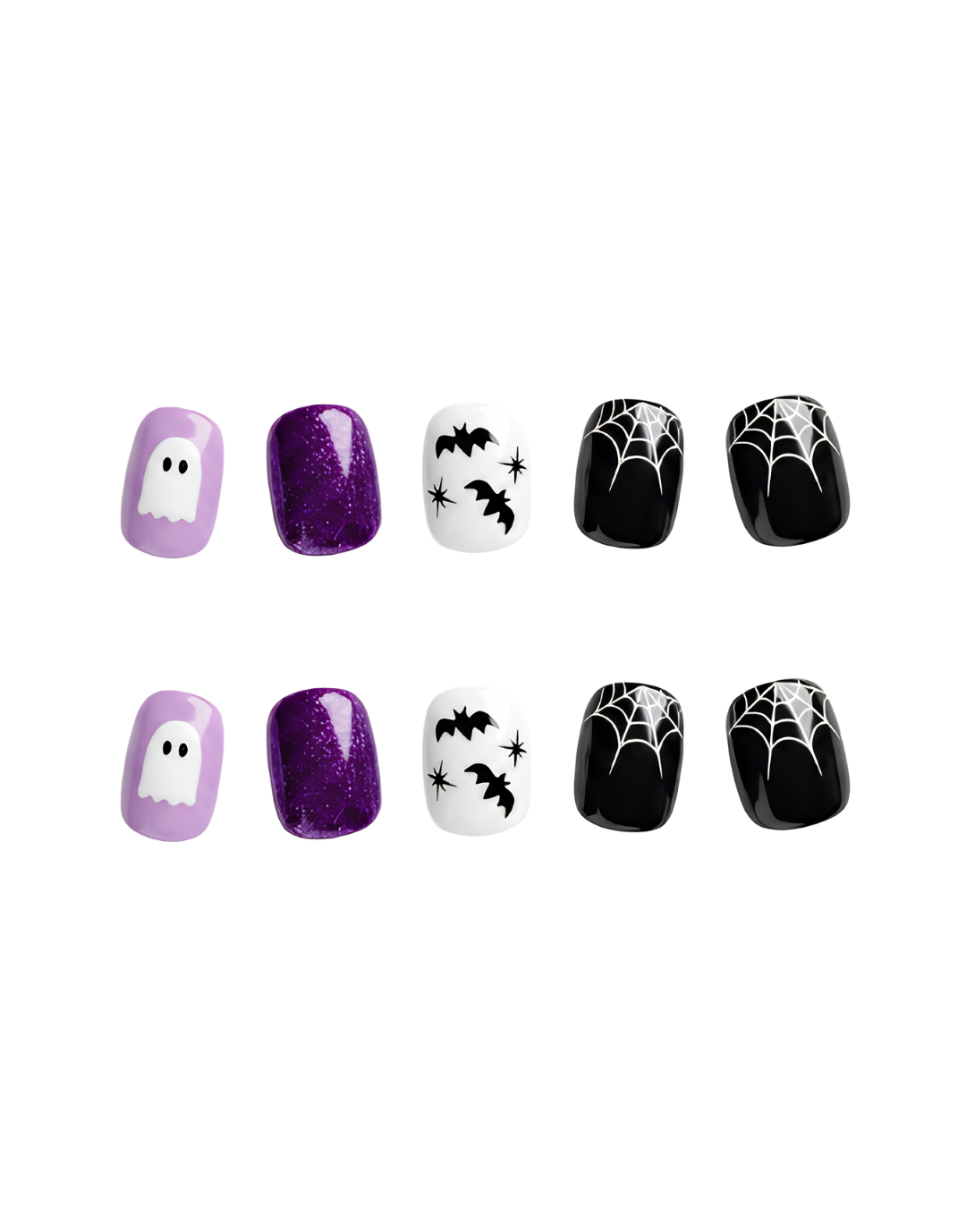 Short Square Purple Glitter Halloween Press On Nails with Spider Web Ghost & Bats | Spooky Cute Gothic Style | Reusable Nail Set