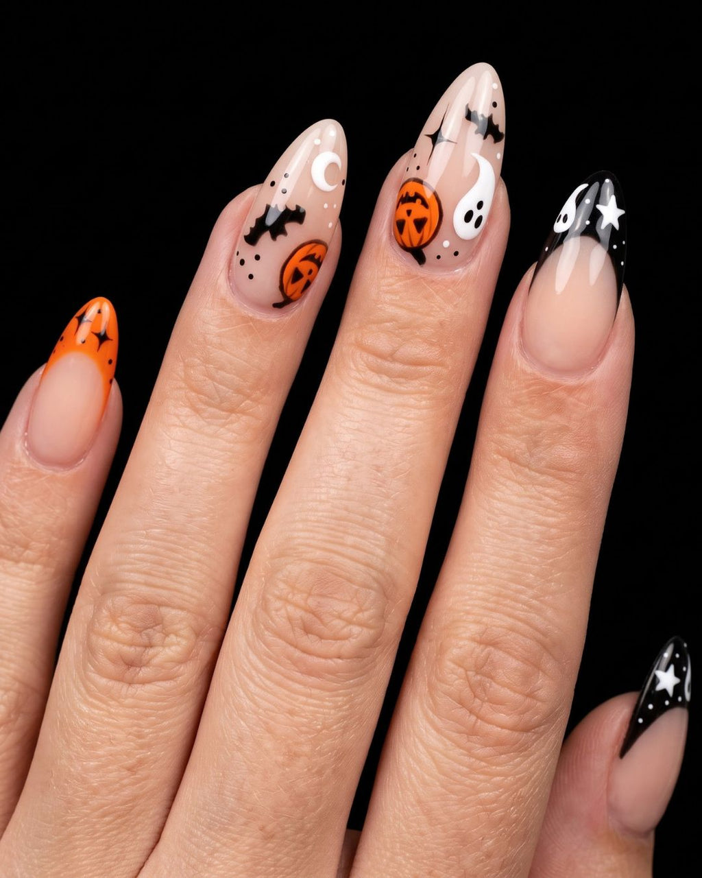 Almond Halloween Press On Nails with Cute Ghost Pumpkin & Bats Art | Spooky French Gothic Style | Reusable Nail Set