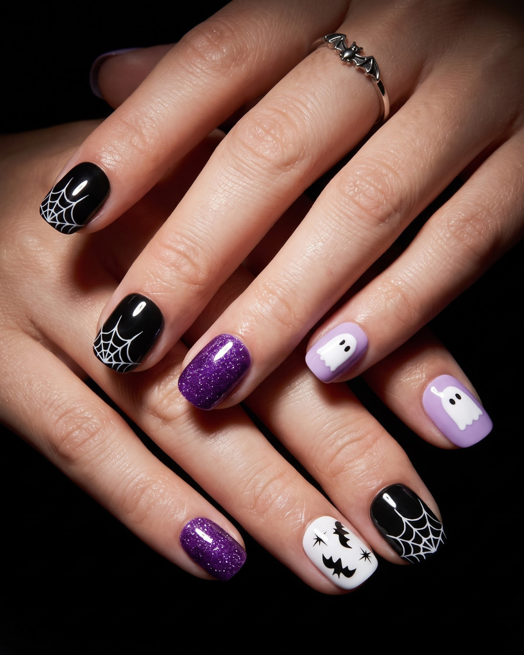 Short Square Purple Glitter Halloween Press On Nails with Spider Web Ghost & Bats | Spooky Cute Gothic Style | Reusable Nail Set