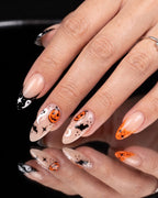 Almond Halloween Press On Nails with Cute Ghost Pumpkin & Bats Art | Spooky French Gothic Style | Reusable Nail Set