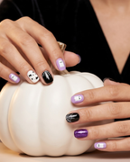 Short Square Purple Glitter Halloween Press On Nails with Spider Web Ghost & Bats | Spooky Cute Gothic Style | Reusable Nail Set