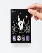 Short Square Purple Glitter Halloween Press On Nails with Spider Web Ghost & Bats | Spooky Cute Gothic Style | Reusable Nail Set