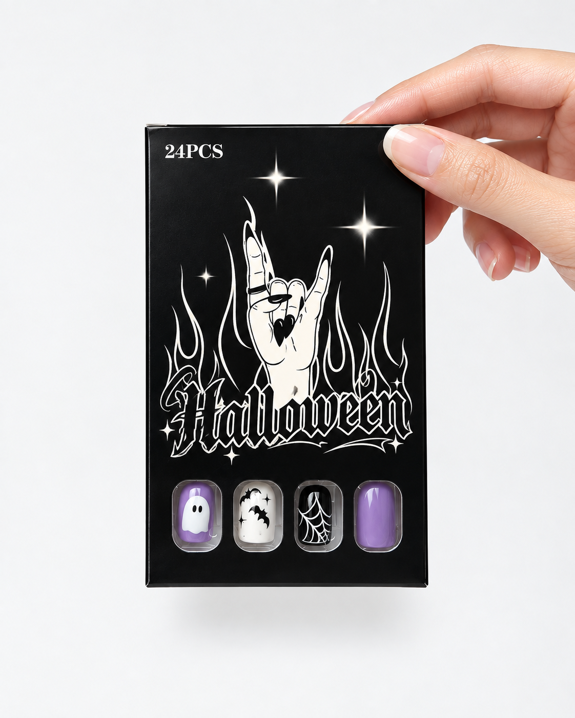 Short Square Purple Glitter Halloween Press On Nails with Spider Web Ghost & Bats | Spooky Cute Gothic Style | Reusable Nail Set