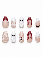 10 red ghost spiderweb press on nails flat lay on white