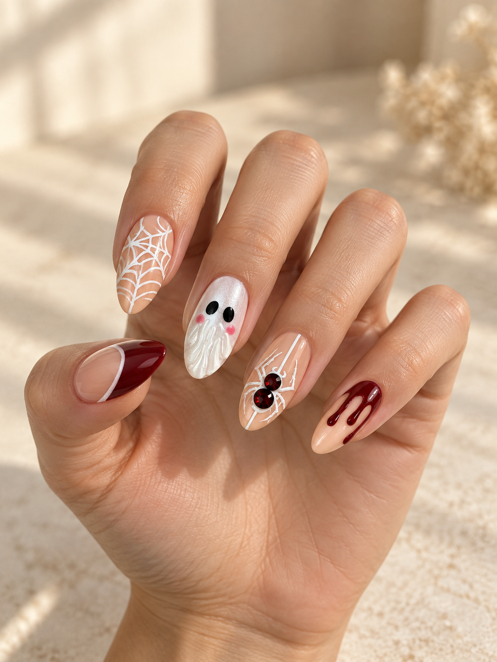Ghost, spiderweb and red drip oval press on nails worn on hand