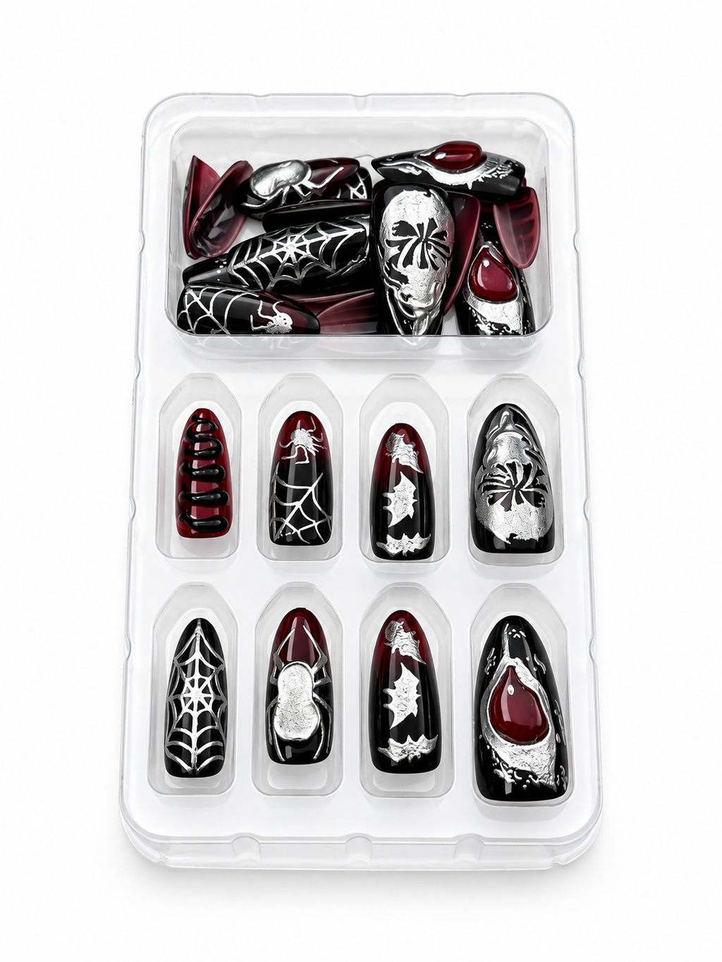 Black red silver spiderweb bat press on nails in tray, oval shape