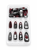Black red silver spiderweb bat press on nails in tray, oval shape