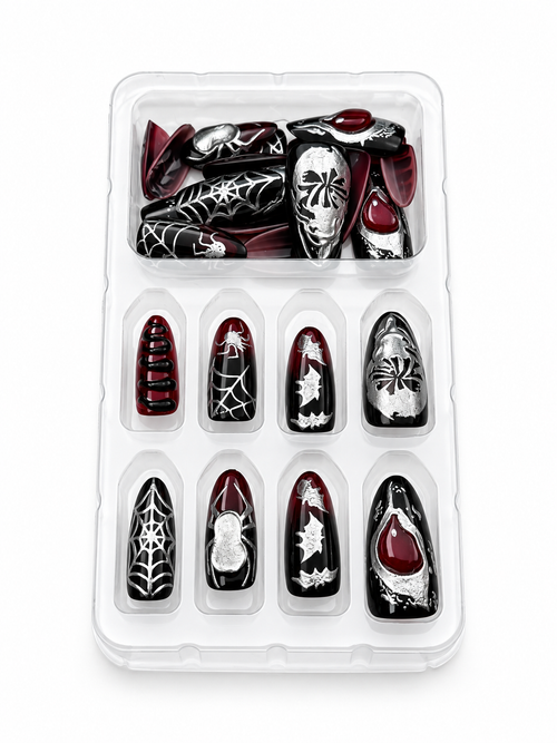 Black red silver spiderweb bat press on nails in tray, oval shape