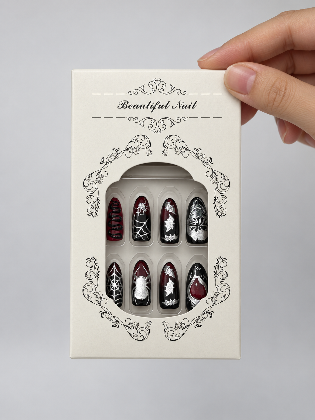 Black red spiderweb press on nails in gift box