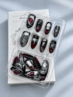 Full set of black red silver spiderweb bat press on nails with box