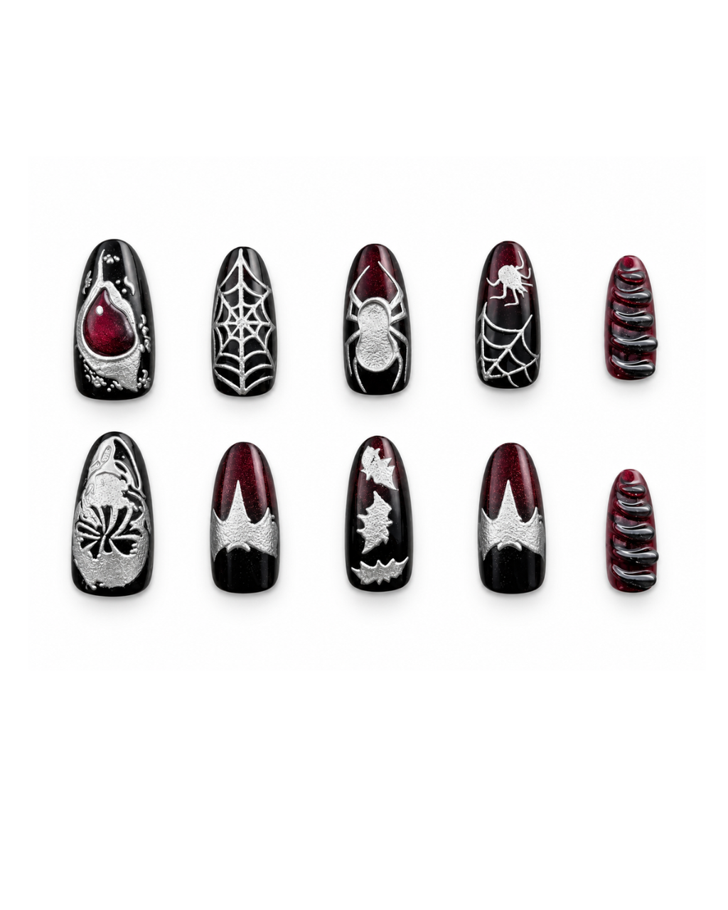 10 black red Halloween press on nails flat lay