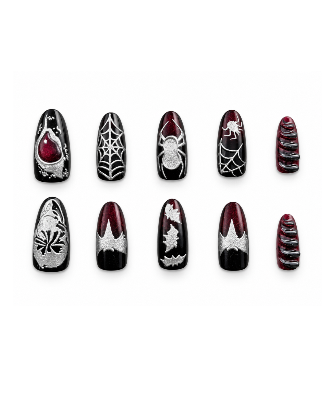 10 black red Halloween press on nails flat lay