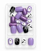 Short Square Purple Glitter Halloween Press On Nails with Spider Web Ghost & Bats | Spooky Cute Gothic Style | Reusable Nail Set