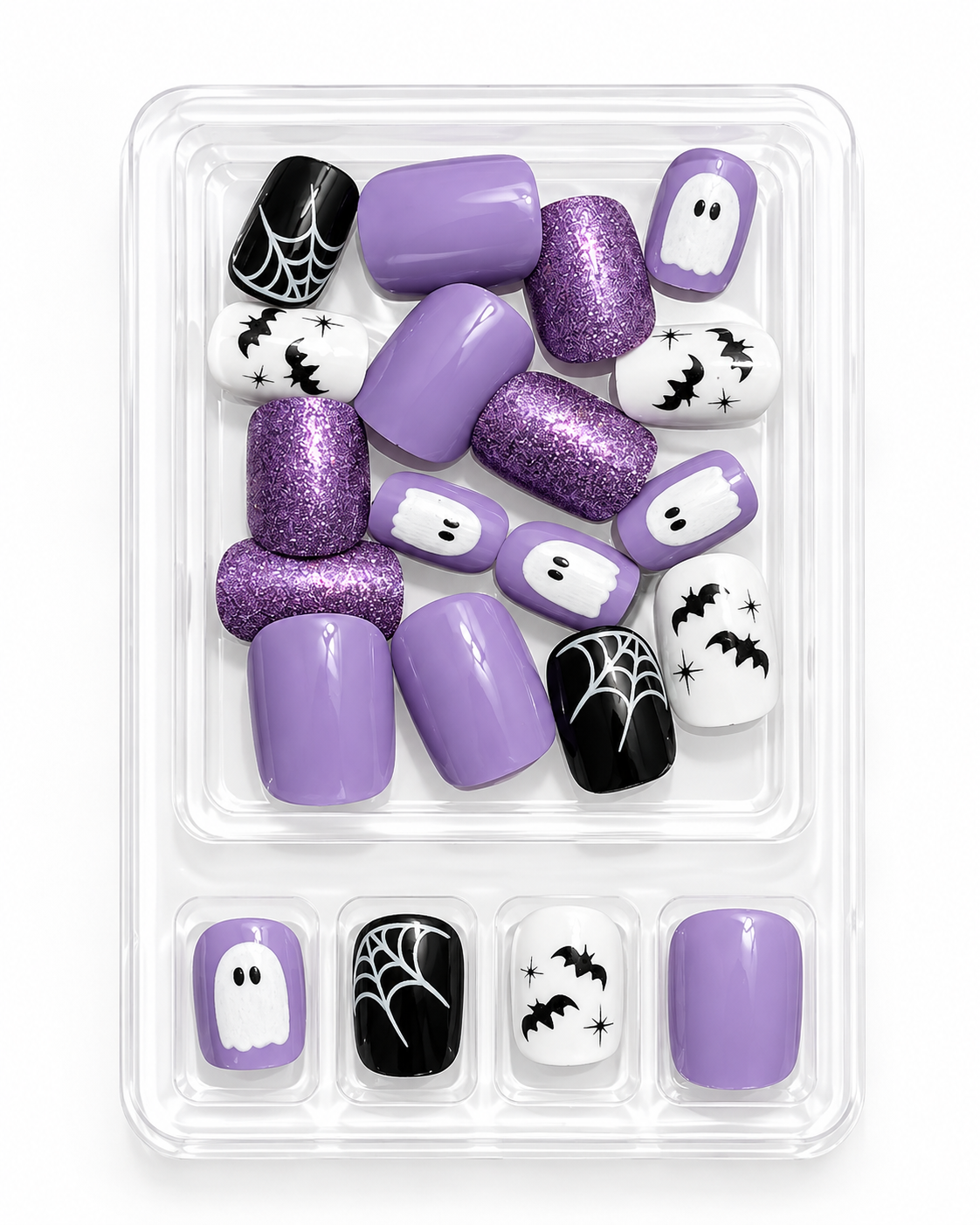 Short Square Purple Glitter Halloween Press On Nails with Spider Web Ghost & Bats | Spooky Cute Gothic Style | Reusable Nail Set