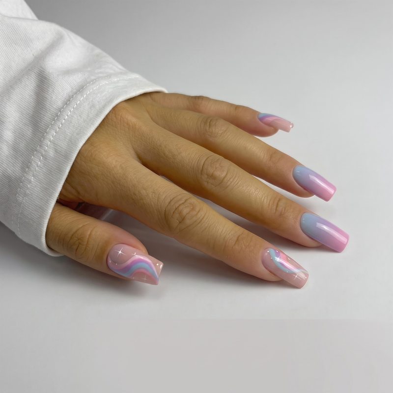 Rainbow Star Square French Press On Nails | Cute Y2K Style | Reusable Nail Set