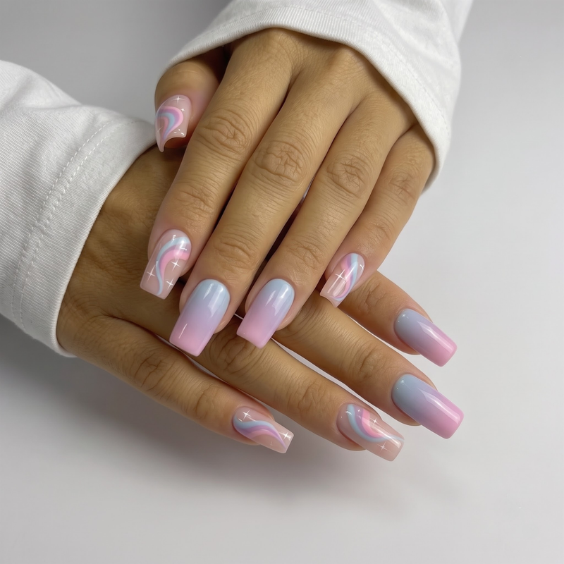 Rainbow Star Square French Press On Nails | Cute Y2K Style | Reusable Nail Set