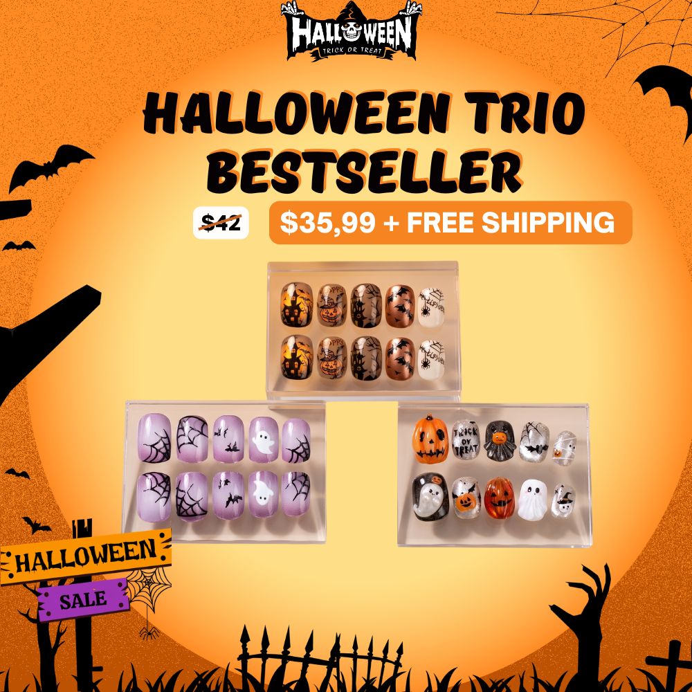 Halloween Trio Bestseller | Pumpkin Ghost + Purple Cat Eye + Gothic Skull | 3 Reusable Nail Sets