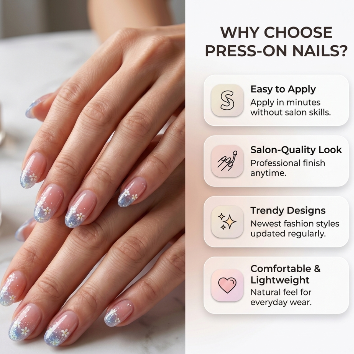 Cat Eye Holographic Nude White Floral Press-On Nails